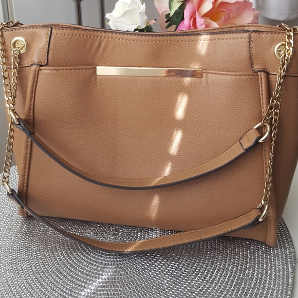 Vtg K Studio🍂Camel Brown Leather Tote shoulder Bag💛Chain Straps - Picture 4 of 15